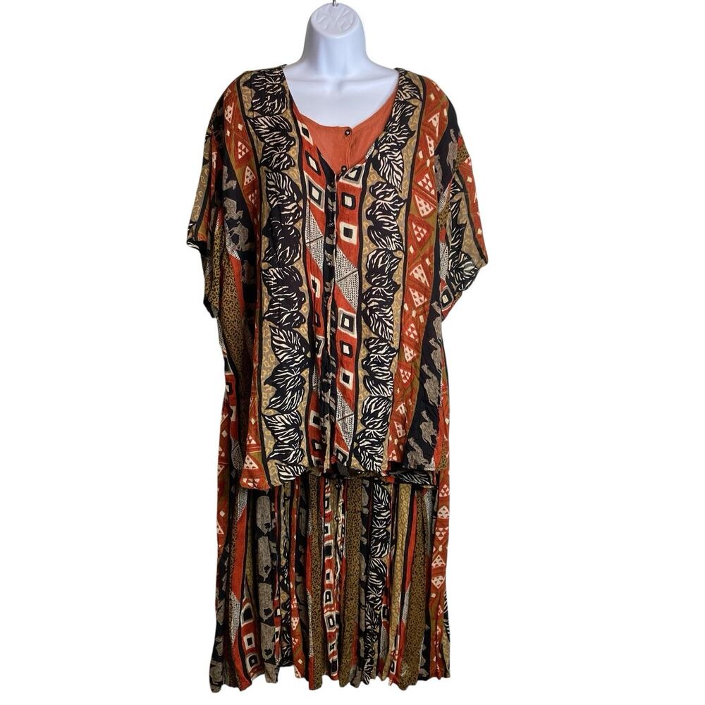 Vintage Mira Max Women's Brown Two Piece Blouse Skirt Set Size 1X Flowy‎ Retro